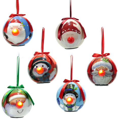 Set di 6 Palline Luminose Natalizie per albero di natale Decorate cm 8.5  pinguini e Babbo Natale  da collezione