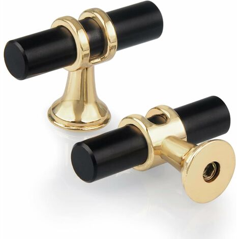 Set di 6 pomelli per cassetti a T a foro singolo, maniglie a T moderne per porta dell'armadio in lega di zinco per mobili da cucina, armadio, camera da letto, viti incluse, nero con base dorata