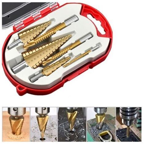 Set di 6 punte a gradini, acciaio inossidabile HSS, 4-12/20/32 mm, 3, 6, 8 mm, triangolo conico in titanio, punta a gradini per plastica, lamiera, foratura di fori in alluminio, metrica, OUYLAF