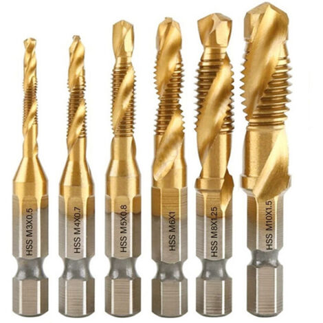 Set di 6 punte e maschi combinati con filettatura metrica M3-M10, gambo esagonale da 6,35 mm con rivestimento in titanio, set di punte elicoidali per metallo, plastica, legno
