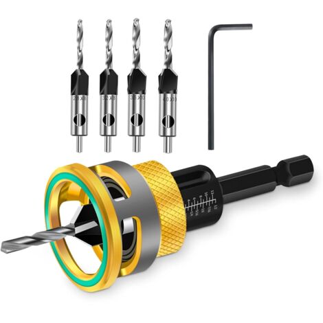 Set di 6 punte per trapano a testa svasata con arresto di profondità regolabile e chiave a L, perfette per progetti di lavorazione del legno, plastica e legno (dorate)
