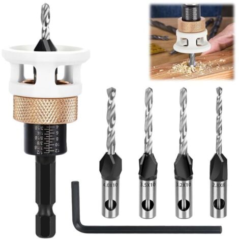 Set di 6 punte per trapano per legno, frese per legno con fermo di profondità/chiave esagonale, punte per fresa con gambo esagonale da 1/4".