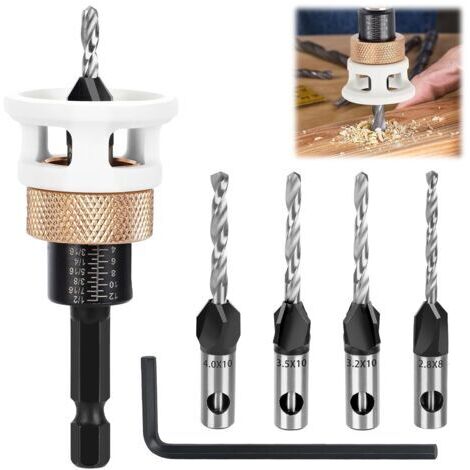Set di 6 punte per trapano per legno, frese per legno con fermo di profondità/chiave esagonale, punte per fresa con gambo esagonale da 1/4", foro di precisione, punte con testa svasata da 2,8/3,2/3,5/