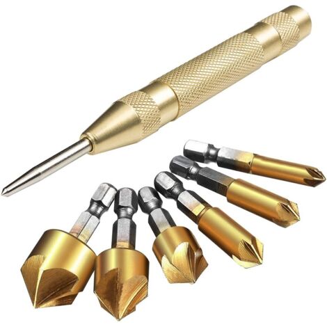 Set di 6 punte per trapano svasatore con gambo esagonale HSS da 5 pezzi con punzone centrale automatico da 5" per sbavatura di acciaio, legno e plastica