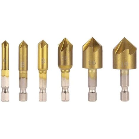 Set di 6 punte svasanti ad angolo di 82° per legno, a cambio rapido, da 6 a 19 mm