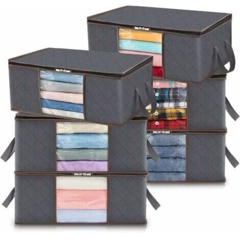 Set di 6 sacchi portaoggetti da 35 litri per vestiti, contenitore pieghevole da riporre sotto il letto, organizer per copripiumino, con finestra trasparente, in tessuto resistente, colore grigio.