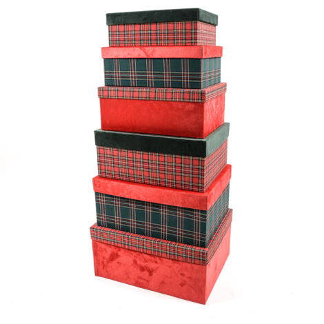 Set di 6 scatole rettangolari portaoggetti "Tartan" in carta, con velluto e decorazione natalizia