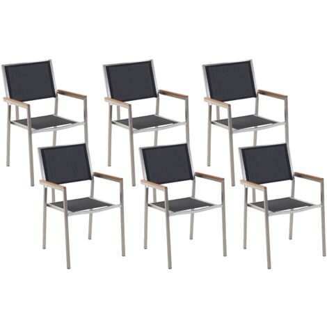 Set di 6 Sedie da Giardino in Tessuto Nero e Gambe in Acciaio Inox Grosseto