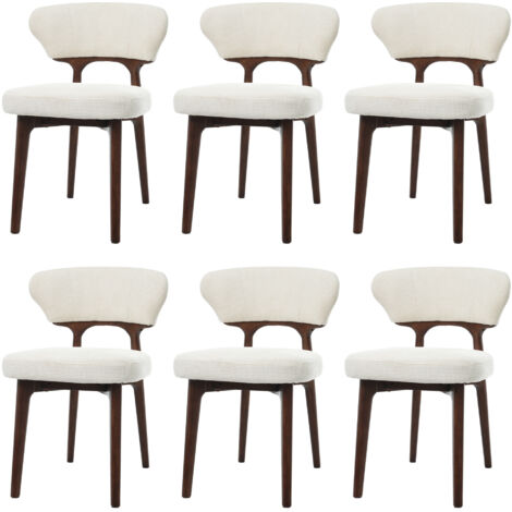 Set di 6 sedie da pranzo, con schienale imbottito, beige chiaro, in chenille e legno massello