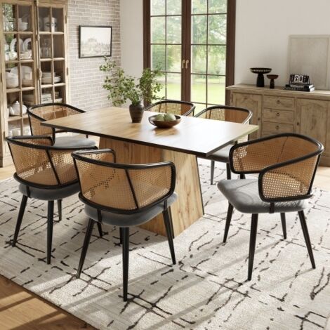 Set di 6 sedie da pranzo con schienale in rattan e cuscino in velluto