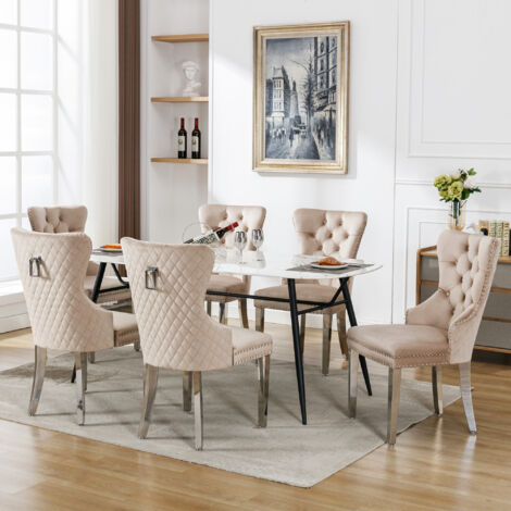 Set di 6 sedie da pranzo imbottite con finiture a borchie, beige