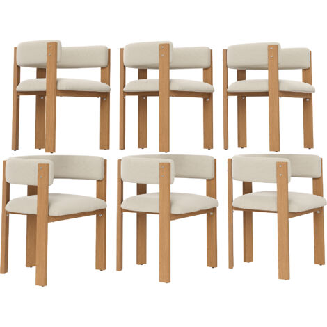 Set di 6 sedie da pranzo, in flanella e metallo, con schienale, piedi effetto legno, beige