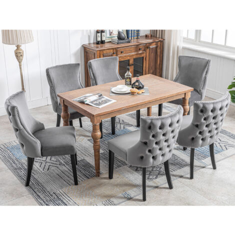 Set di 6 sedie da pranzo in velluto con gambe in legno massello, grigio