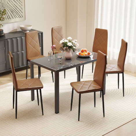 Set di 6 Sedie Sala da Pranzo in Finta Pelle, Sedie Cucina con Schienale Alto con Cuciture a Diamante e Gambe in Acciaio, Sedia Moderne per Cucina, Camera da Letto, Ufficio e Soggiorno, Marrone