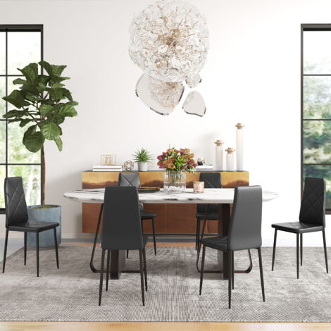 Set di 6 Sedie Sala da Pranzo in Finta Pelle, Sedie Cucina con Schienale Alto con Cuciture a Diamante e Gambe in Acciaio, Sedia Moderne per Cucina, Camera da Letto, Ufficio e Soggiorno, Nero