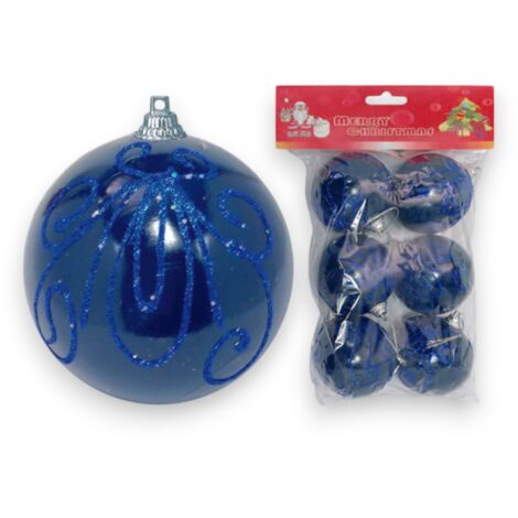 Set di 6 sfere natalizie in plastica satinata blu con glitter argento diametro 80 mm per decorazioni festive - Ø 8 cm