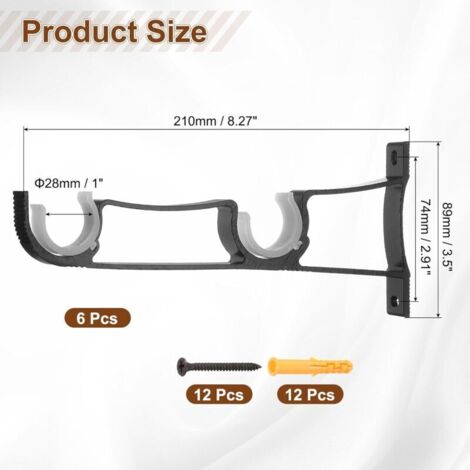 Set di 6 supporti per asta per tende, diametro 210 mm, per aste per tende da 2,5 cm, ganci a muro spessi con viti, neri