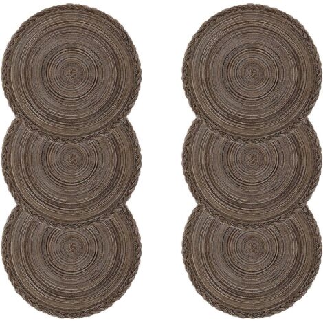 Set di 6 tovagliette in cotone intrecciato lavabili, resistenti al calore, antiscivolo, tovaglietta rotonda 38x38 cm (rotondo, intrecciato - marrone)