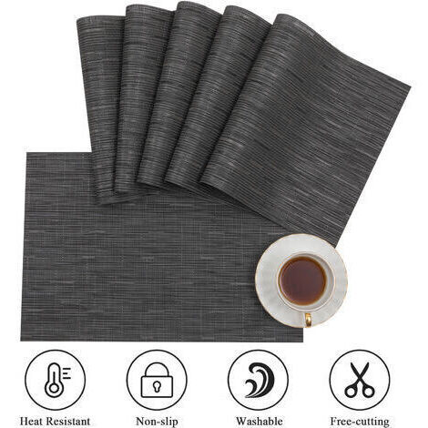 Set di 6 tovagliette nere per tavolo da pranzo. Tovagliette lavabili in PVC resistente al calore, 45x30 cm.