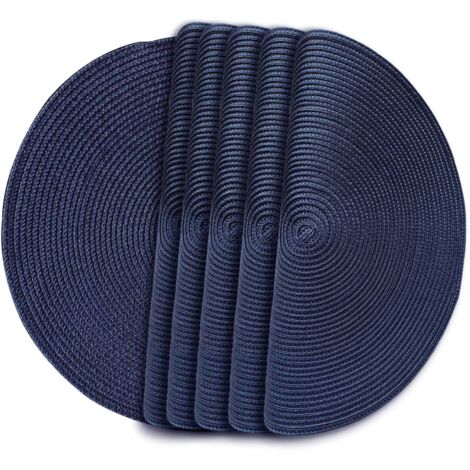Set di 6 tovagliette rotonde alla moda, plastica intrecciata in polipropilene, antiscivolo, lavabile (Blu Navy, 6)