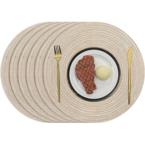 Set di 6 tovagliette rotonde in cotone beige intrecciato, lavabili e resistenti al calore, ideali per matrimoni, feste e per la cucina.