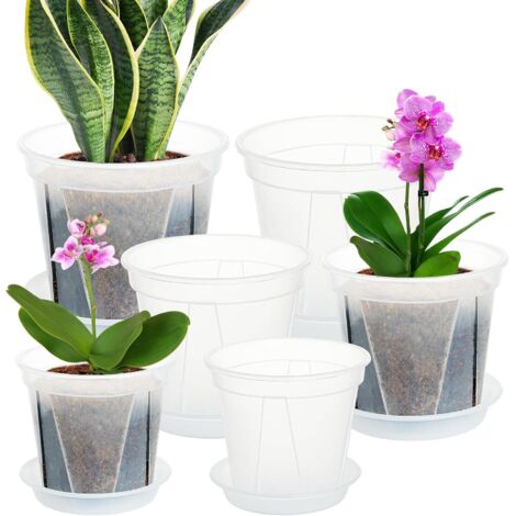 Set di 6 vasi da fiori in plastica, spessore 12/15/18 cm, con fori di drenaggio e sottovasi - Vasi per semina per uso interno ed esterno - Per orchidee, penoy (trasparente)
