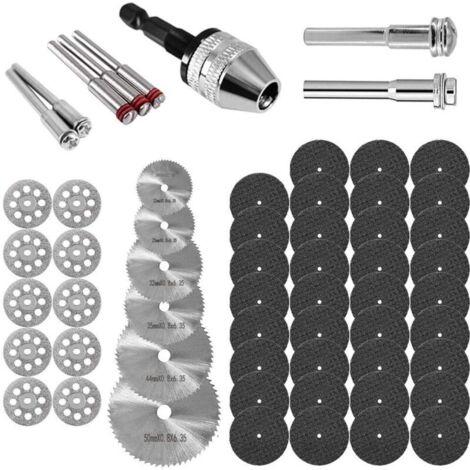 Set di 60 dischi da taglio rotanti, dischi da taglio in resina, mini lame per sega in HSS, kit di taglio diamantato con mandrini per legno, vetro, plastica, pietra e metallo.