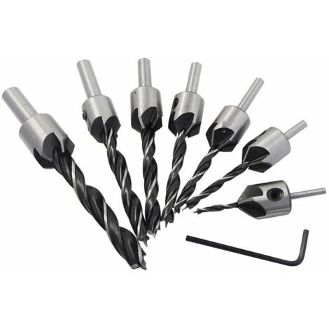 Set di 7 frese per legno, set di punte coniche a 5 taglienti in acciaio rapido HSS, punteruolo per legno, utensile per smussare, 3, 4, 5, 6, 7, 8, 10 mm, con chiave esagonale