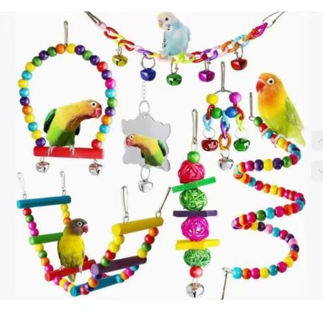 Set di 7 giocattoli per uccelli, ideale per pappagalli: giocattoli da masticare da appendere, altalena, scaletta, sepak takraw, campanelli, per pappagalli, inseparabili e fringuelli.