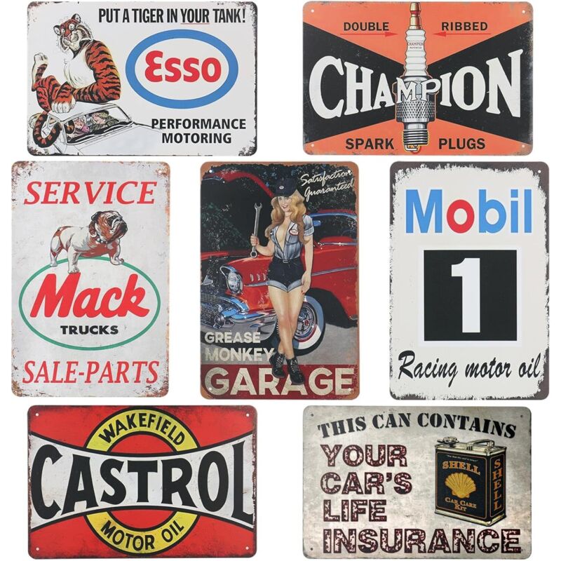 Set di 7 insegne in metallo vintage, insegne decorative in metallo, 30 x 20 cm, decorazione vintage, decorazione per bar, garage