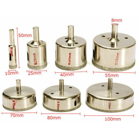 Set di 7 punte da trapano diamantate per vetro, ceramica e marmo, 10-100 mm.