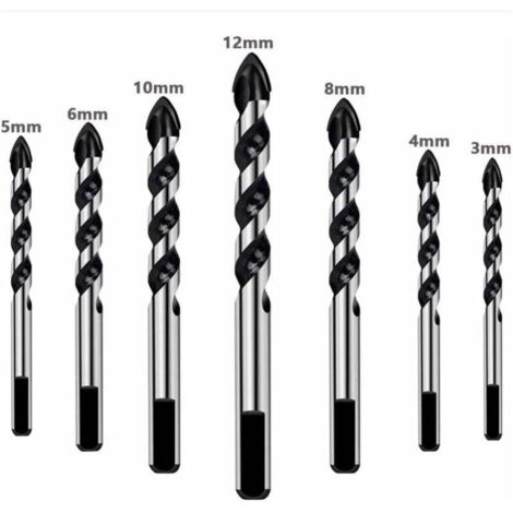 Set di 7 punte da trapano per piastrelle, vetro, cemento, pietra, mattoni, piastrelle, ceramica e specchi (3 mm, 4 mm, 5 mm, 6 mm, 8 mm, 10 mm, 12 mm)