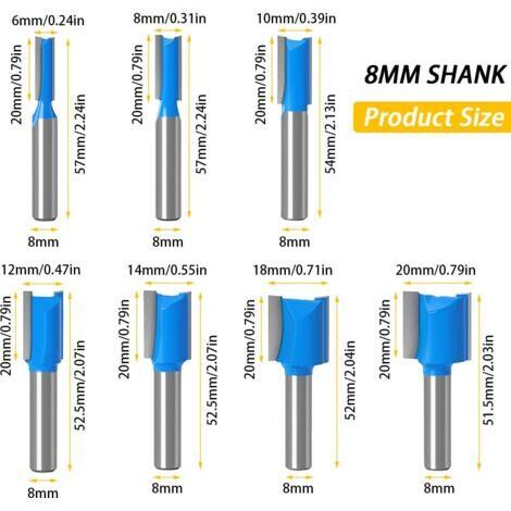 Set di 7 punte per fresatrice (6 mm/8 mm/10 mm/12 mm/14 mm/18 mm/20 mm), punte dritte con gambo da 8 mm, utensili per la lavorazione del legno, punte in carburo a doppia scanalatura