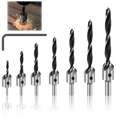 Set di 7 punte per trapano per legno con arresto di profondità (3, 4, 5, 6, 7, 8, 10 mm), set di punte per trapano per lavorazione del legno, coniche con arresto di profondità