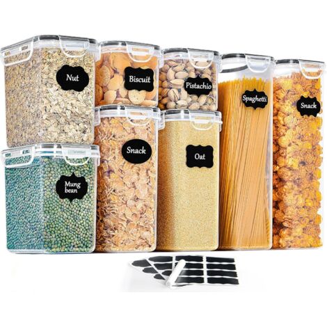 Set di 8 contenitori ermetici in plastica con coperchio per conservare cereali, pasta, farina e cibo per animali.
