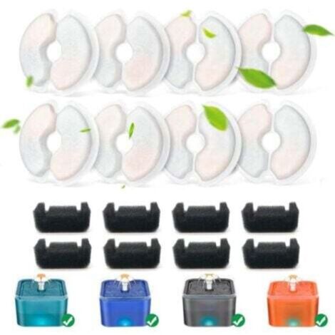 Set di 8 filtri per fontanelle per gatti + 8 filtri in spugna, carbone attivo da 10,5 cm e resina di ricambio per fontanelle per animali domestici da 2 l/2,5 l - Sistema di tripla filtrazione