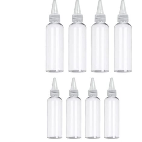 Set di 8 flaconi in plastica comprimibili da 30 ml/60 ml con imbuto separatore ed etichette vuote, ideali per la conservazione.