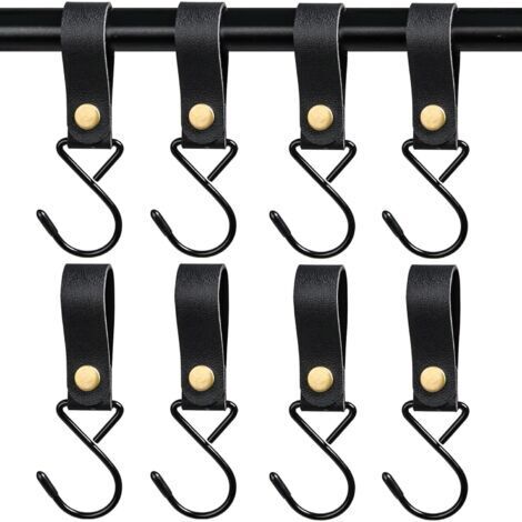Set di 8 ganci a S in pelle con anello – Ganci in metallo per cucina, bagno, campeggio, pratici per appendere oggetti.