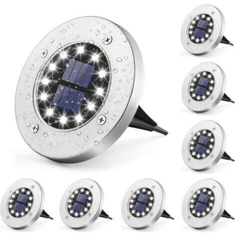 Set di 8 luci solari da terra per giardino, 12 LED, bianche, in acciaio inox, impermeabili, per uso esterno, giardino, patio, prato, cortile, vialetto