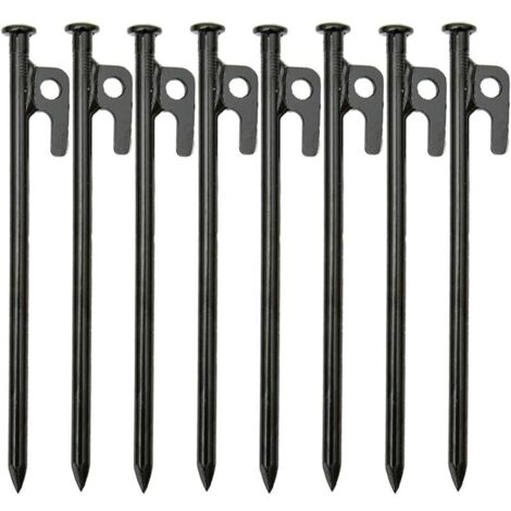 Set di 8 picchetti da tenda in ferro battuto resistenti, lunghi 20 cm, con gancio e foro, ideali per viaggi all'aperto, escursioni, giardinaggio e terreni duri e rocciosi.
