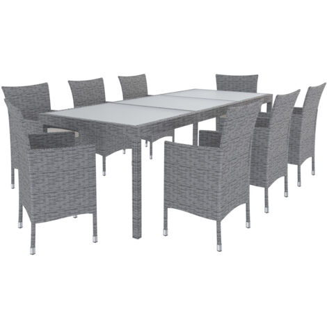 Set Di 8 Sedie Impilabili E 1 Tavolo Rettangolare Con Ripiano In Vetro Mobili da Giardino Salotto Salottino Rattan 8 Posti Per Terrazzo Balcone Esterno Piscina Cuscini Sfoderabili Colore Grigio