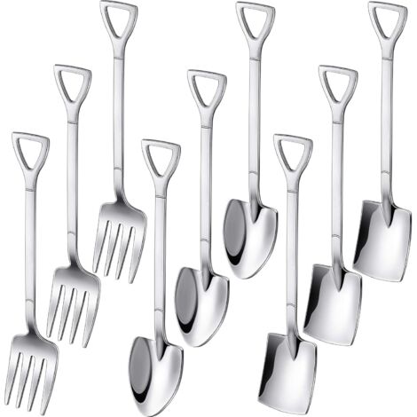 Set di 9 mini spatole, cucchiai e forchette da dessert in argento, composto da 3 spatole, 3 forchette a punta e 3 palette per gelato, tutti realizzati in acciaio inossidabile. Ideale per riunioni di f