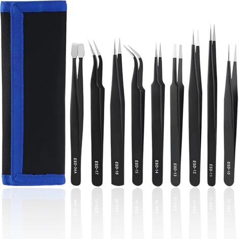 Set di 9 pinzette di precisione ESD in acciaio inossidabile, pinzette di precisione per elettronica, gioielleria, modellismo e depilazione ad alta precisione