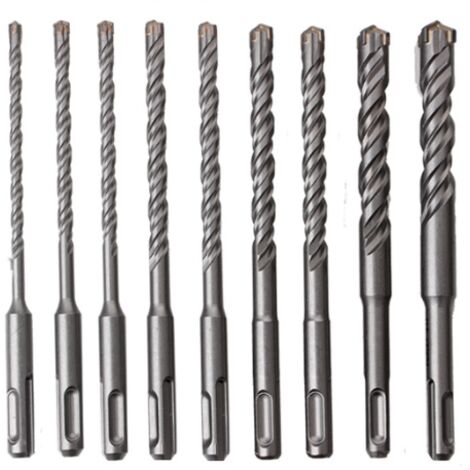 Set di 9 punte da trapano SDS Plus per calcestruzzo. Il set di punte da trapano SDS Plus ha 7 taglienti da 5/6/6/8/8/10/12/14/16x160 mm, per l'uso su calcestruzzo, mattoni, pietra e piastrelle in cera