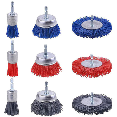 Set di 9 spazzole abrasive in filo di nylon, spazzola per trapano in nylon con gambo esagonale da 1/4 di pollice, utensili abrasivi per levigatura del legno, spazzola per trapano
