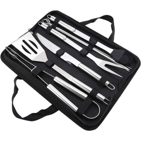 Set di 9 utensili per barbecue in acciaio inossidabile, set di utensili per barbecue portatili per la casa e l'esterno con borsa Oxford, argento