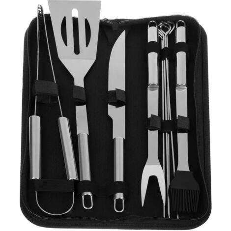 Set di 9 utensili per barbecue in acciaio inox con scatola per riporli gli accessori per barbecue includono pinze per barbecue, una spatola e una forchetta per carne.