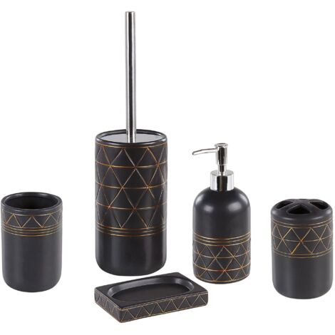 Set di Accessori Bagno Bicchieri Portasapone in Ceramica Oro e Nero Lanco