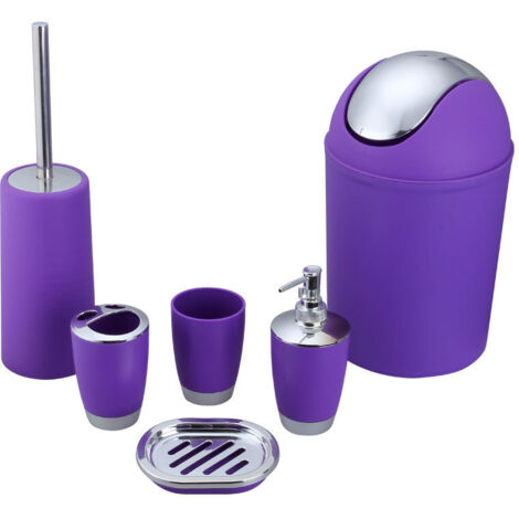 Set di accessori da bagno 6 pezzi: dispenser per sapone, scopino per WC, bicchiere, spazzolino da denti, tazza, piattino, viola