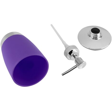 Set di accessori da bagno composto da 4 pezzi: tazza, portaspazzolino e dispenser di sapone viola.